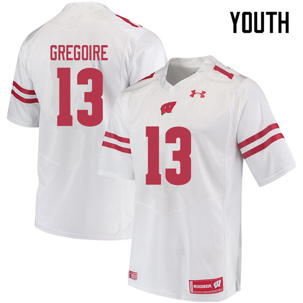 Wisconsin Badgers Youth #13 Mike Gregoire NCAA Under Armour Authentic White College Stitched Football Jersey WH40K52ZG